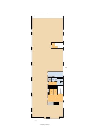 Plattegrond van de begane grond van een bedrijfsruimte aan de Waalhaven O.Z., met kantoren, pantry, toiletgroepen en een grote open hal.
